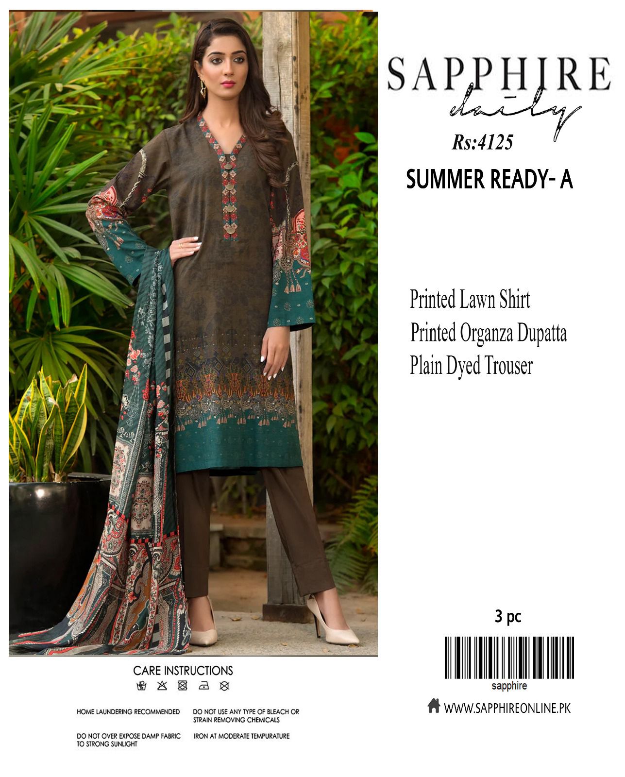 Sapphire LAWN 3pc Eid Collection – Printed Lawn Shirt, Organza Dupatta, Plain Trouser