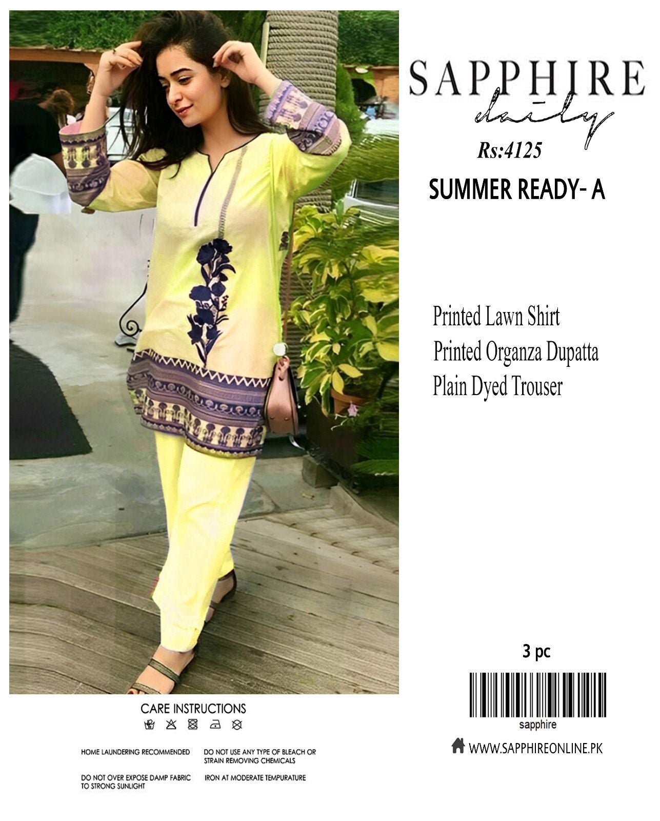 Sapphire LAWN 3pc Eid Collection – Printed Lawn Shirt, Organza Dupatta, Plain Trouser