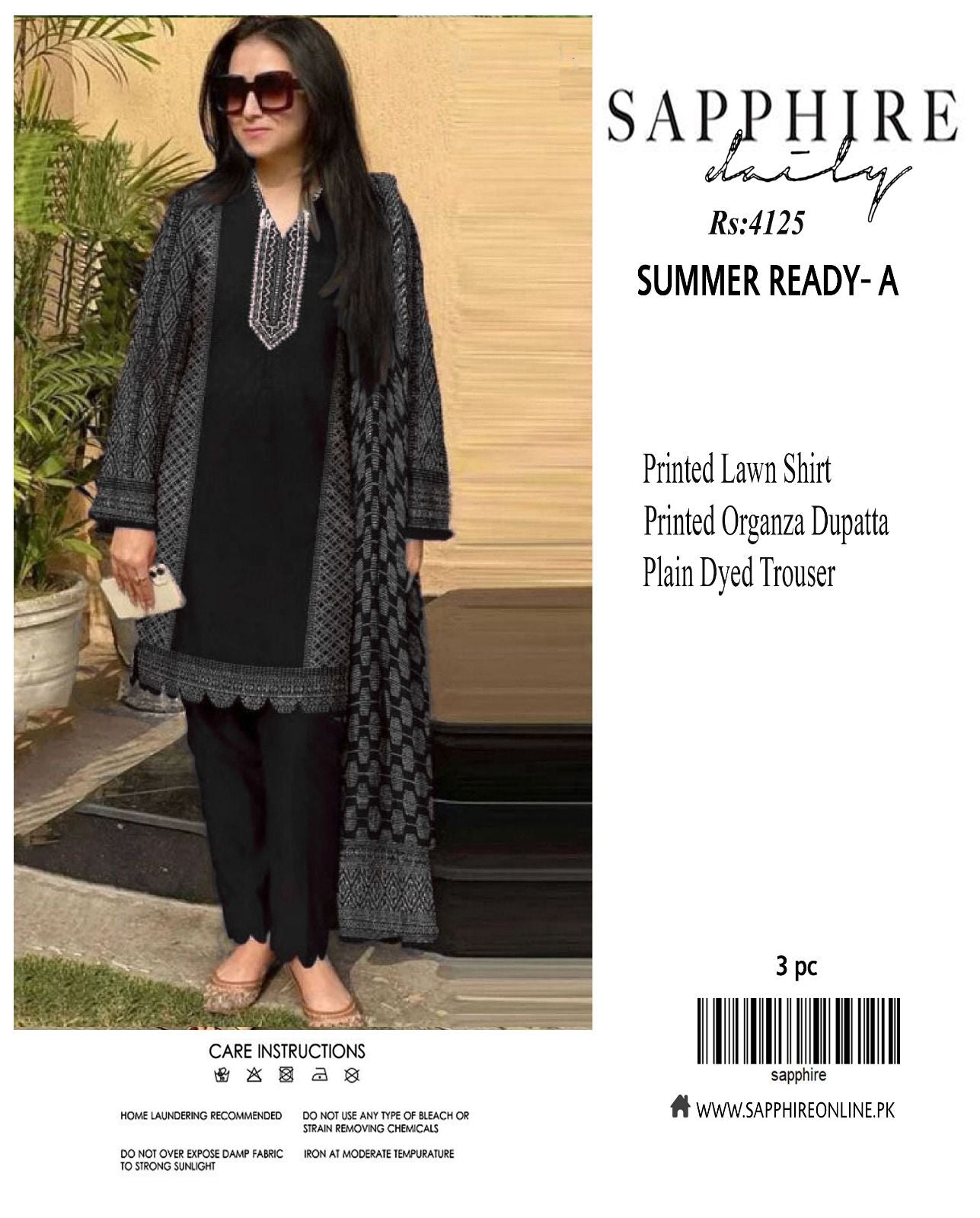 Sapphire LAWN 3pc Eid Collection – Printed Lawn Shirt, Organza Dupatta, Plain Trouser