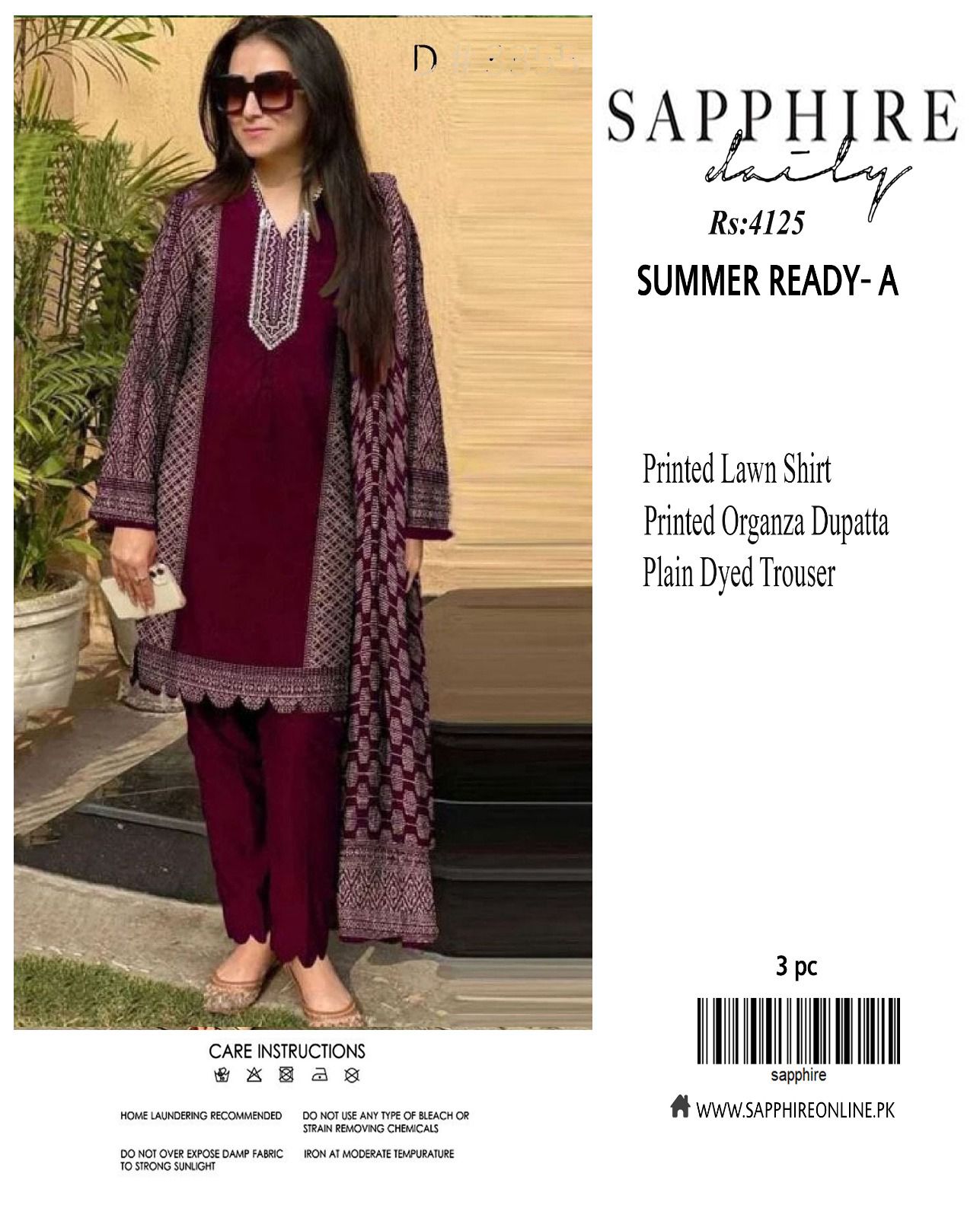 Sapphire LAWN 3pc Eid Collection – Printed Lawn Shirt, Organza Dupatta, Plain Trouser