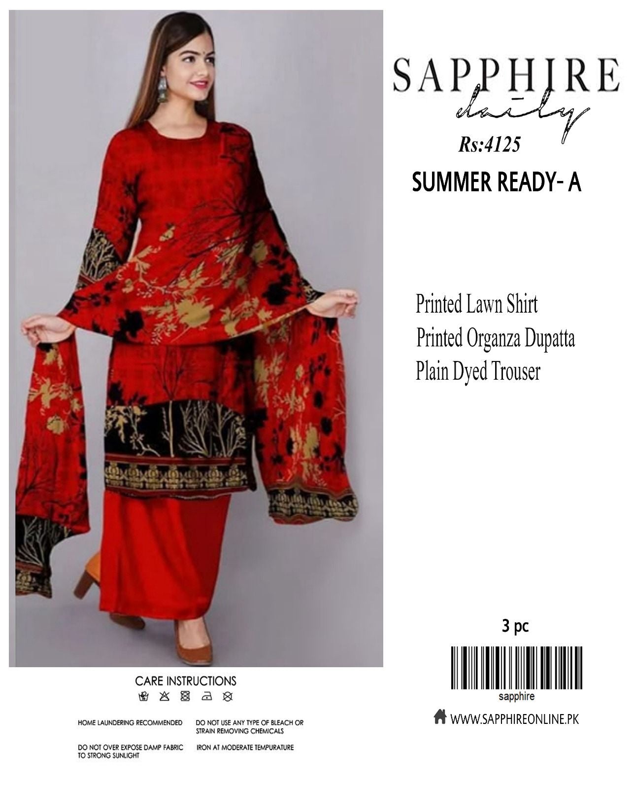 Sapphire LAWN 3pc Eid Collection – Printed Lawn Shirt, Organza Dupatta, Plain Trouser