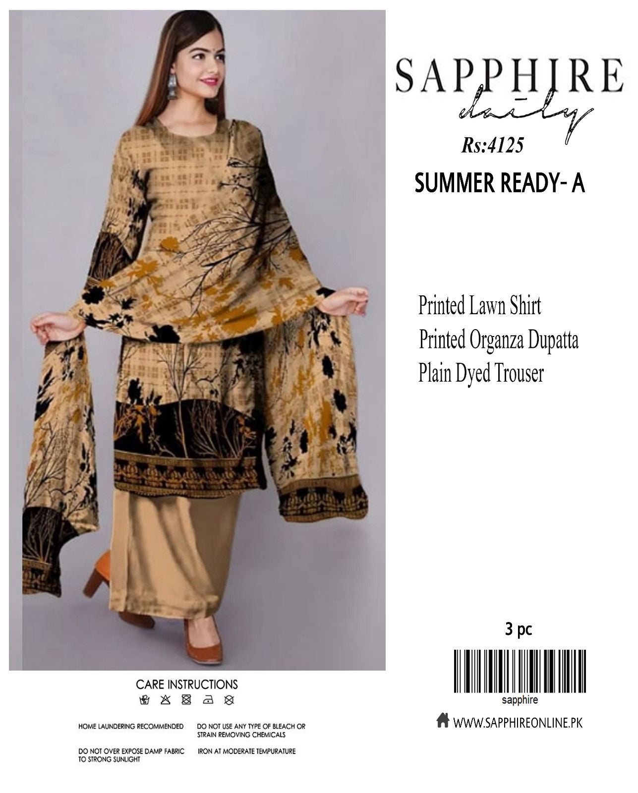 Sapphire LAWN 3pc Eid Collection – Printed Lawn Shirt, Organza Dupatta, Plain Trouser