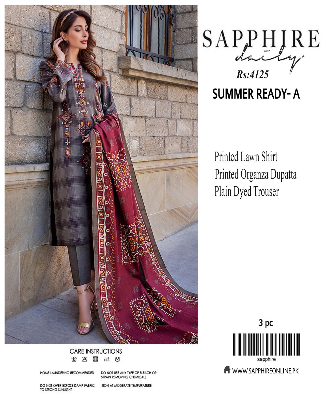 Sapphire LAWN 3pc Eid Collection – Printed Lawn Shirt, Organza Dupatta, Plain Trouser