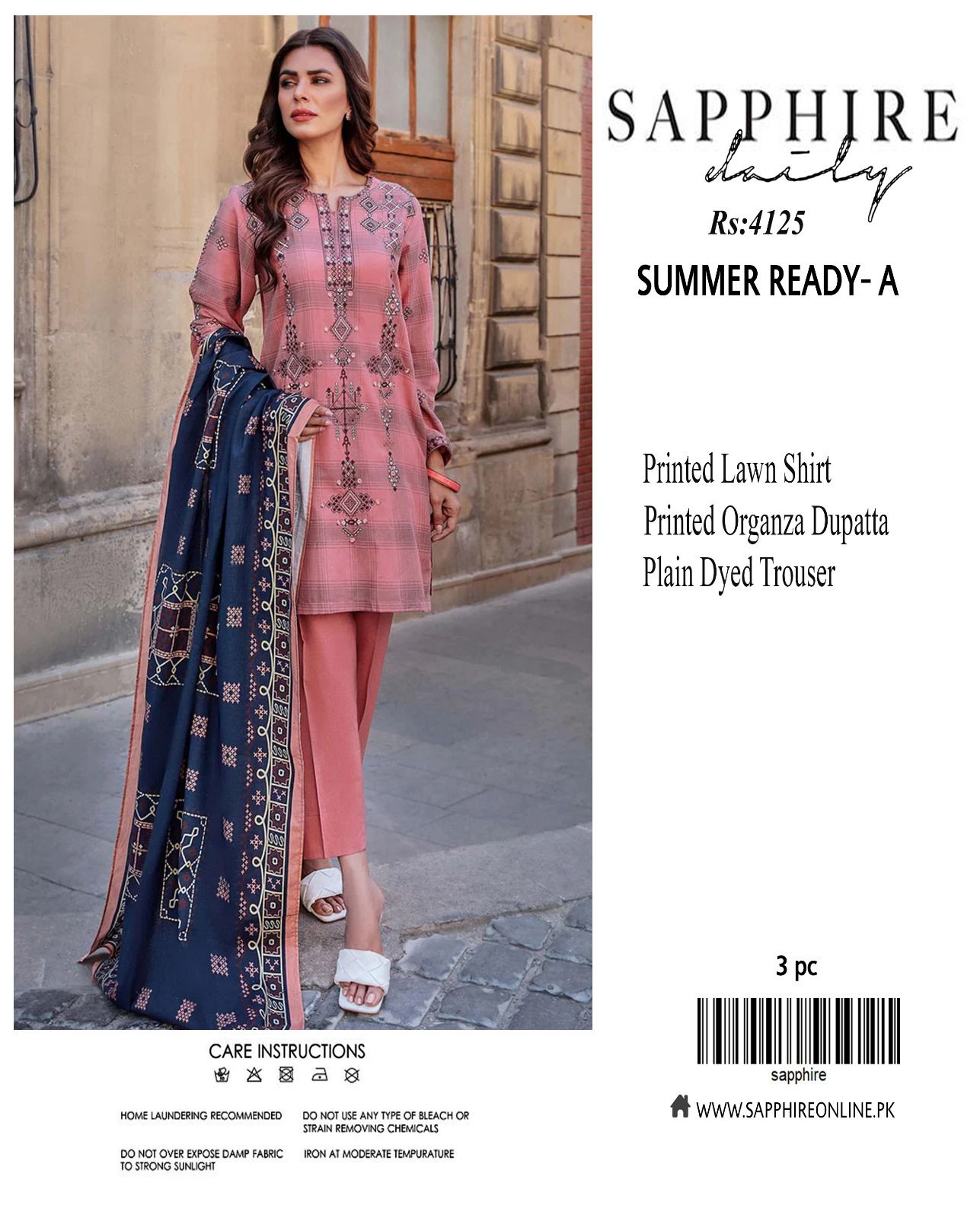 Sapphire LAWN 3pc Eid Collection – Printed Lawn Shirt, Organza Dupatta, Plain Trouser