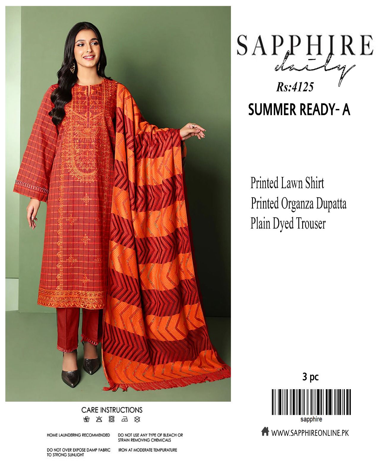 Sapphire LAWN 3pc Eid Collection – Printed Lawn Shirt, Organza Dupatta, Plain Trouser