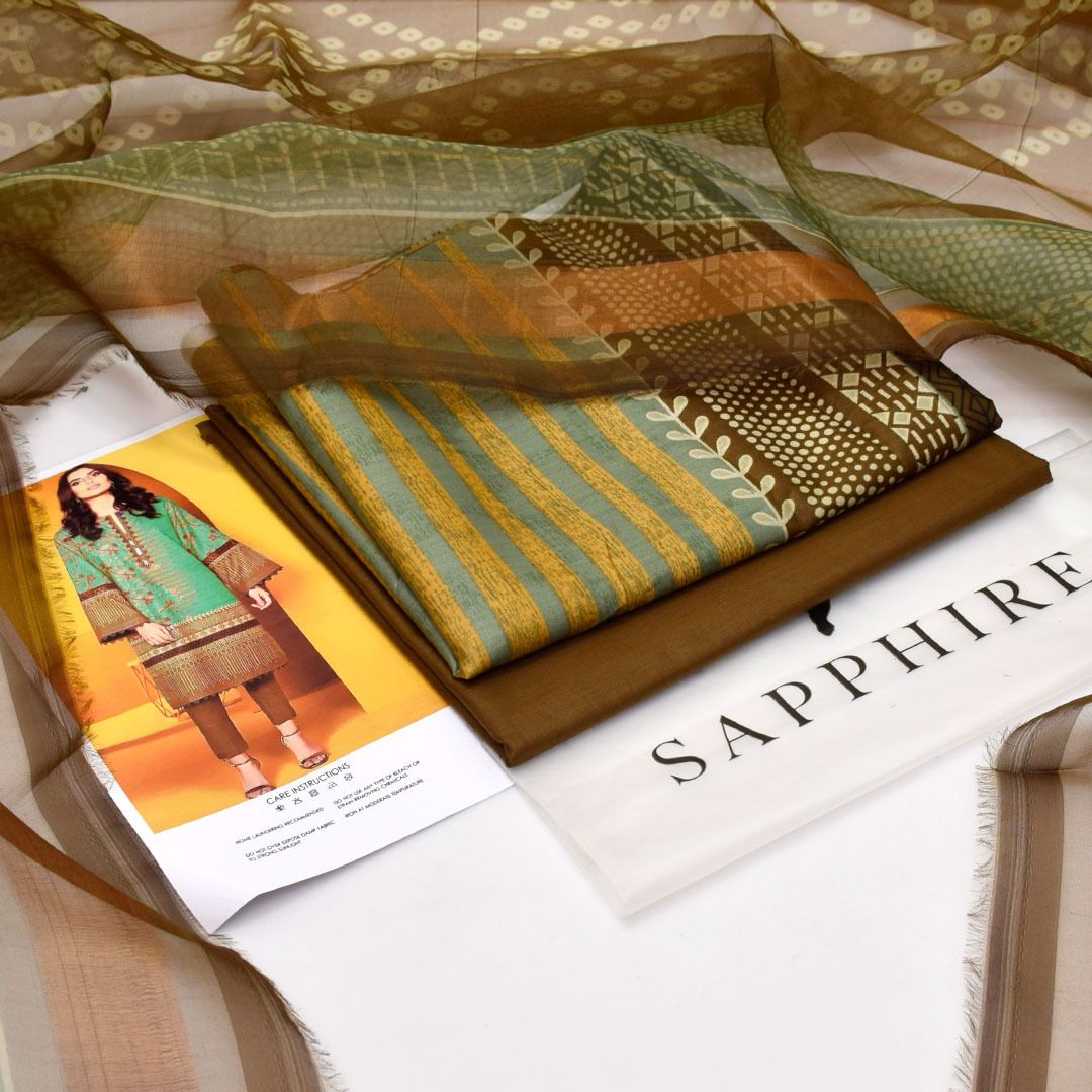 Sapphire LAWN 3pc Eid Collection – Printed Lawn Shirt, Organza Dupatta, Plain Trouser