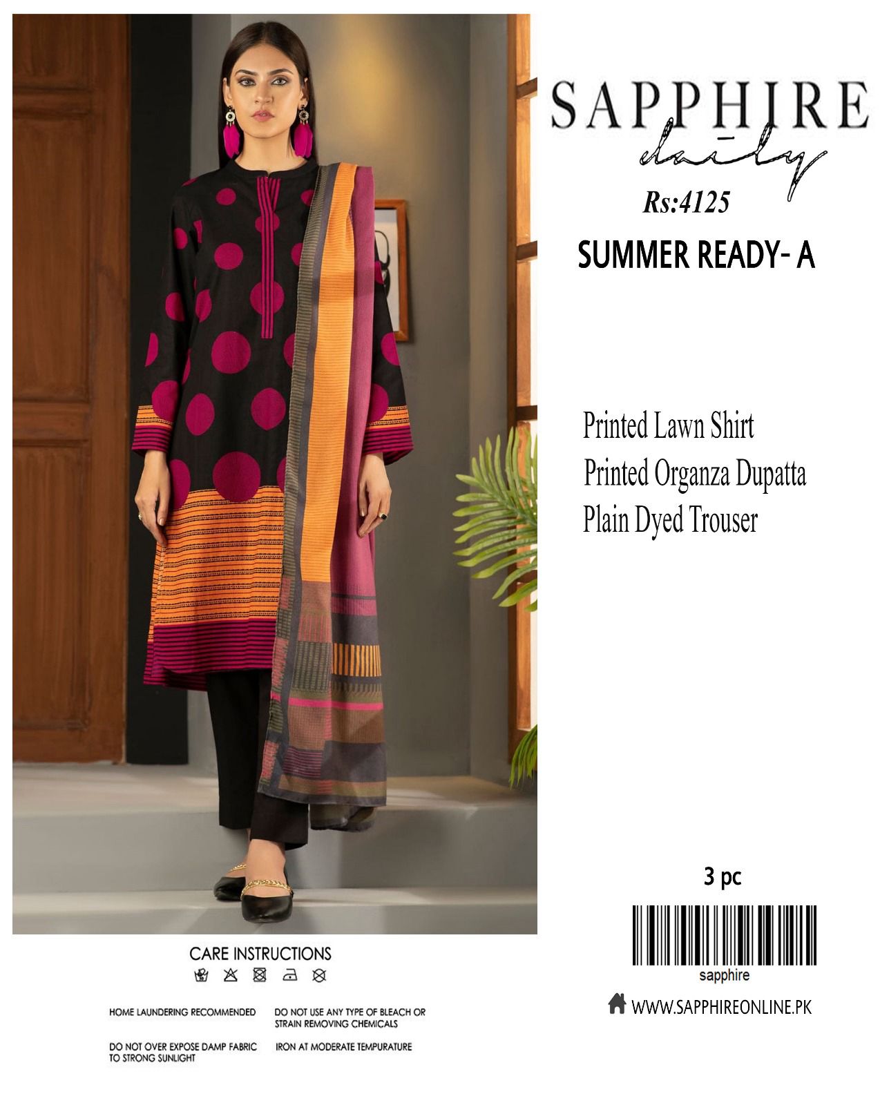 Sapphire LAWN 3pc Eid Collection – Printed Lawn Shirt, Organza Dupatta, Plain Trouser