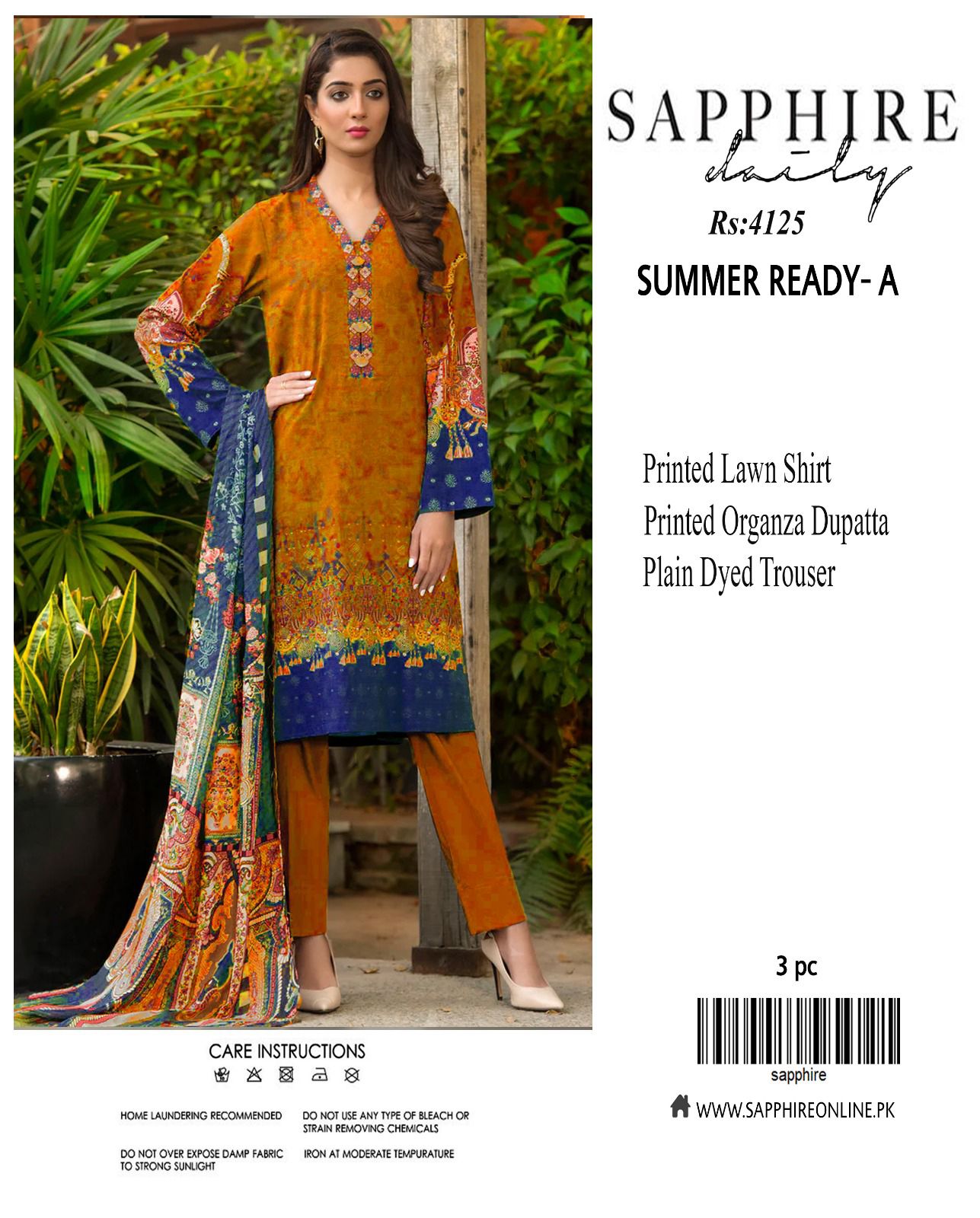 Sapphire LAWN 3pc Eid Collection – Printed Lawn Shirt, Organza Dupatta, Plain Trouser